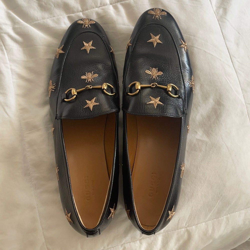 Gucci 41 1/2 Black Leather Loafers Gold Embroidery